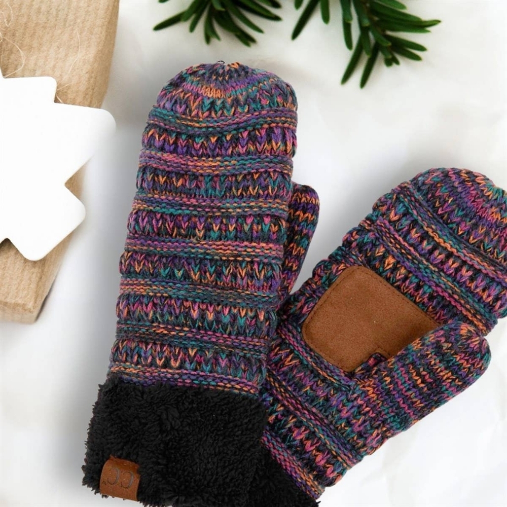 C.C Multicolor Sherpa Lined Knit Mittens Purple, Teal,‎ And Orange